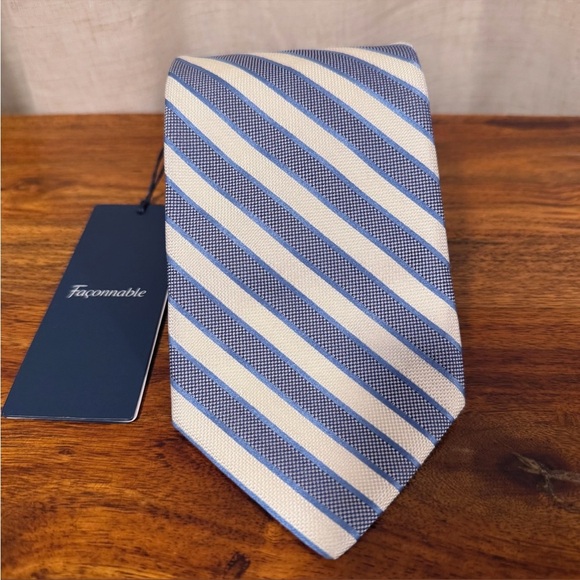 NWT FACONNABLE Blue, White & Silver Striped Silk Tie - Picture 8 of 13